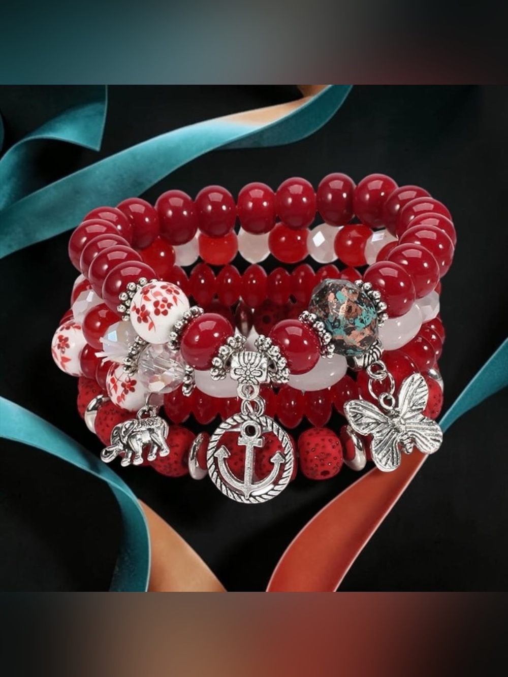 ♥️4-PC Boho Red & White Beaded Bracelets with Silver-Tone Charms Set/NIP♥️
